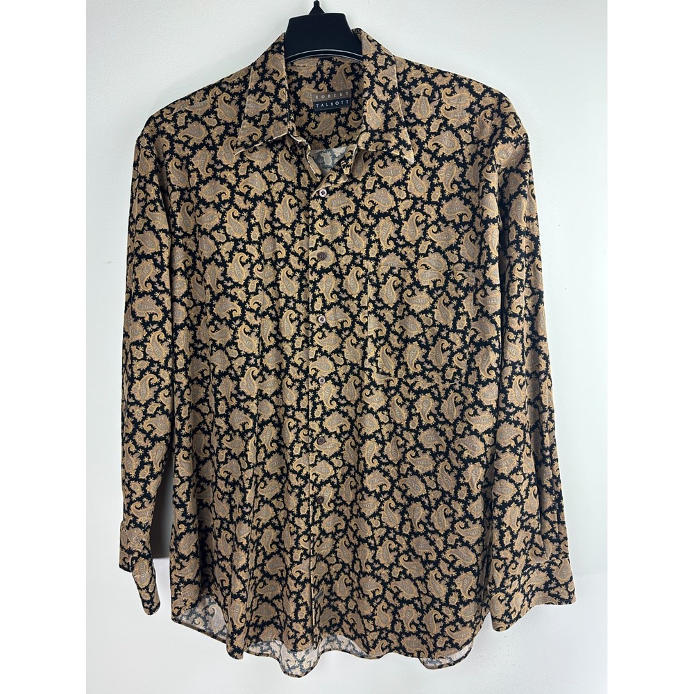 Vintage Robert Talbott Paisley Corduroy Button Down Shirt Black Gold Men's XL LS - Picture 3 of 11